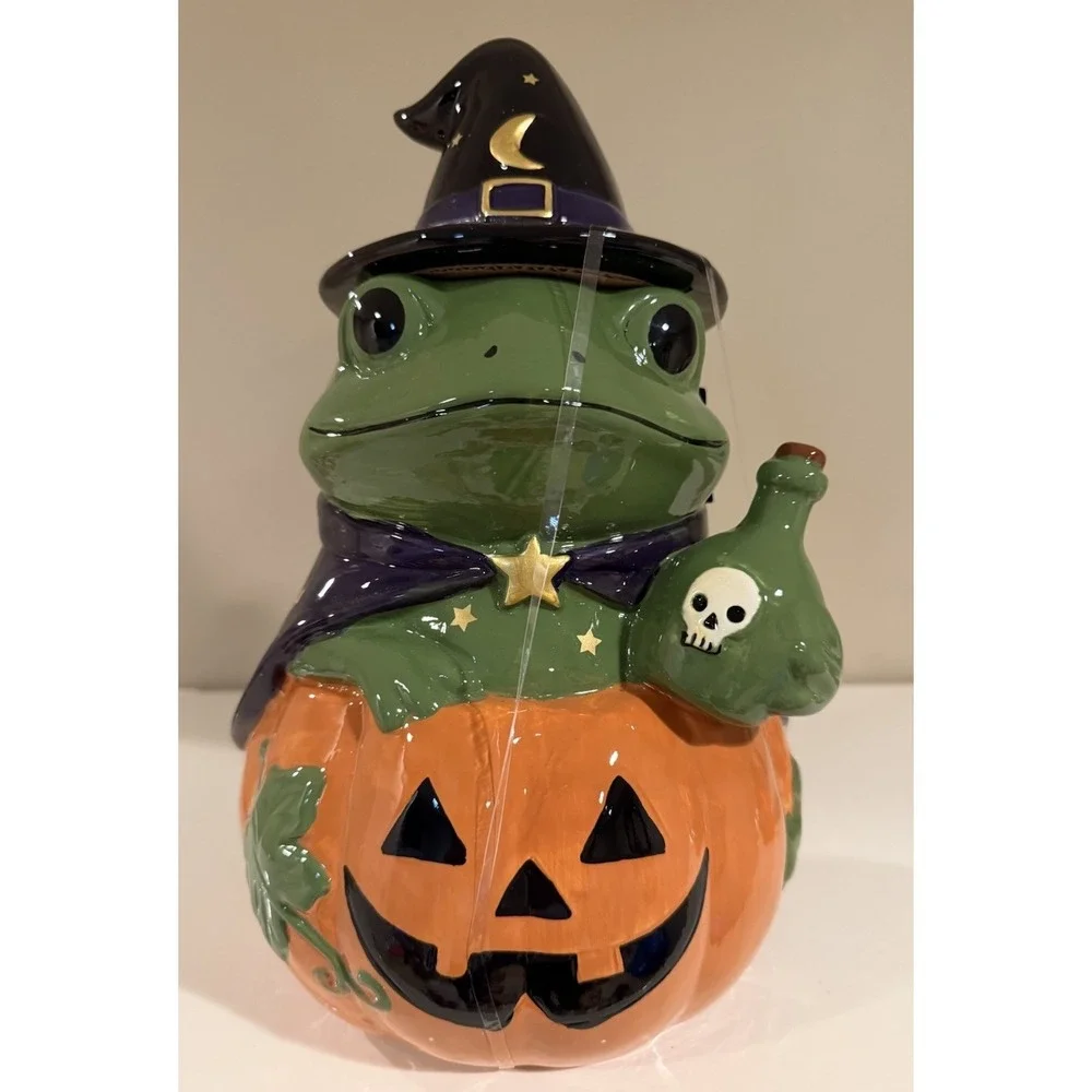 Spooky Street Whimsical Witch Frog With Pumpkin Halloween Ceramic Cookie Jar